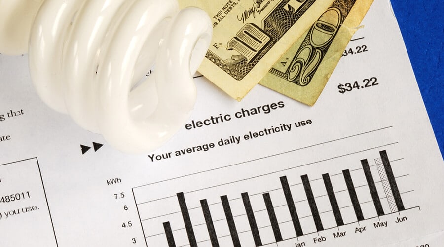 A graph of daily electricity use with some dollars and an energy saving light bulb